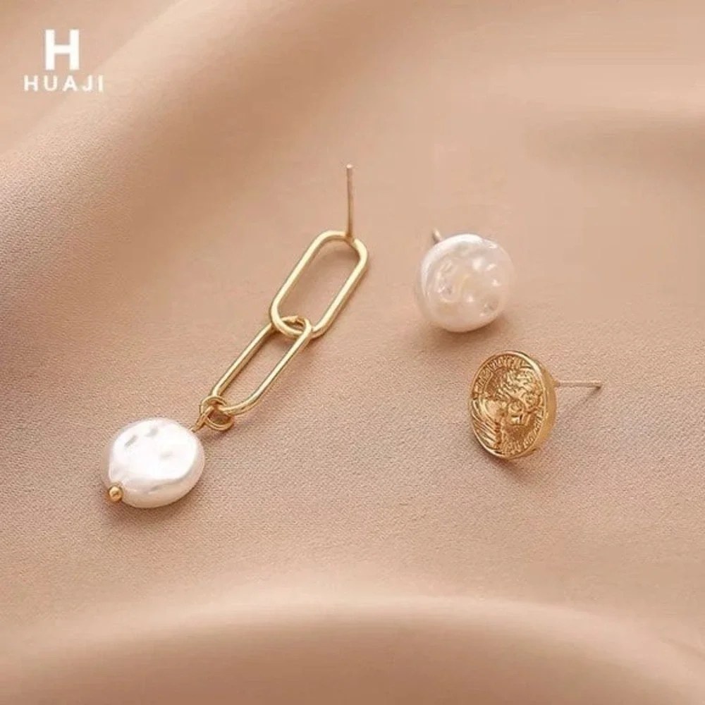 Asymmetric Real Pearl Trio Earrings Set – Unique Drop & Stud Combo Geometric New